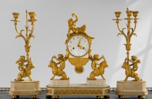 A Louis XVI Ormolu and Marble Three-Piece Clock Garniture (Garniture de Cheminee)